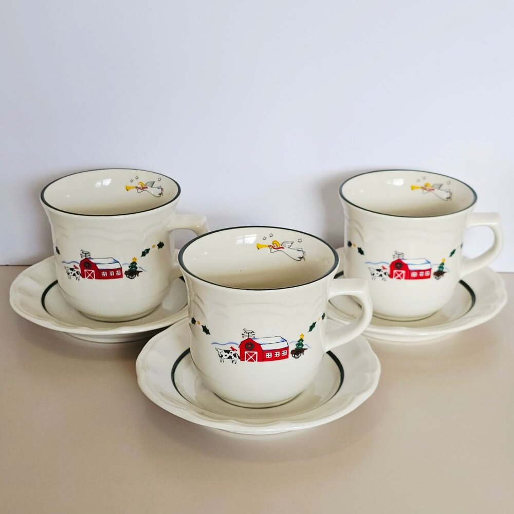 Pfaltzgraff Snow Village Cups & Saucers 3sets Christmas holiday beverage vtg 90s